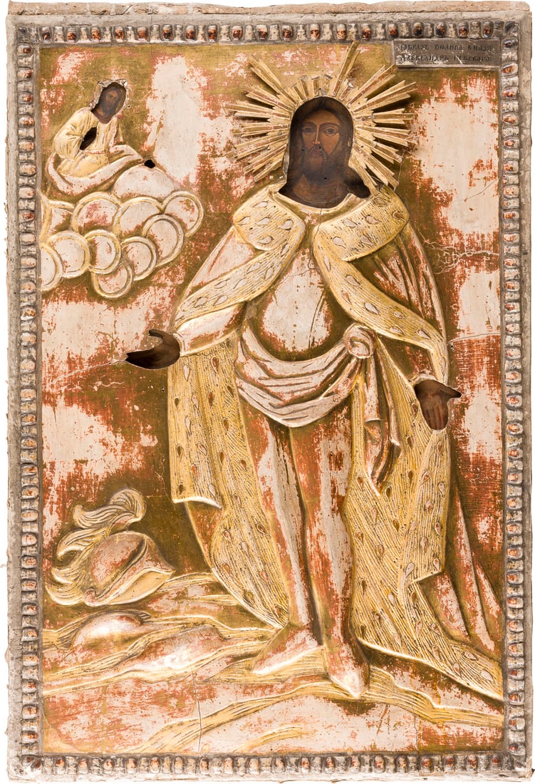 | MONUMENTALE IKONE MIT DEM HEILIGEN ALEXANDER NEWSKI MIT STUCK-OKLAD