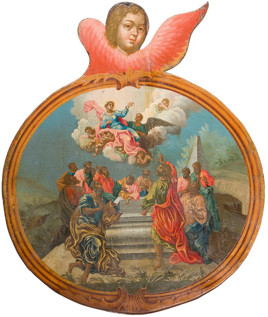 | MONUMENTALE IKONE MIT DER ASSUMPTIO DER GOTTESMUTTER UND EINEM CHERUB AUS EINER KIRCHEN-IKONOSTASE