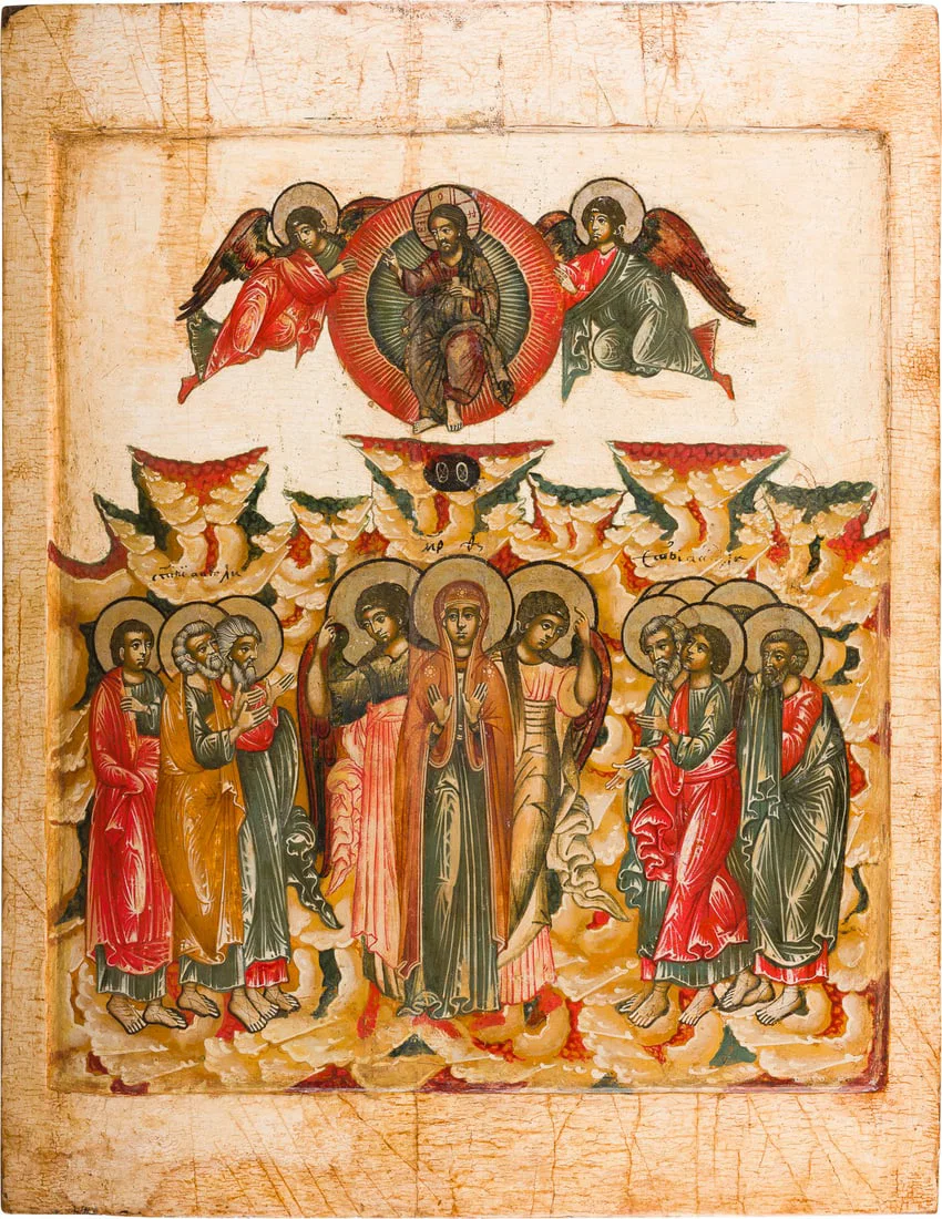 | MONUMENTALE IKONE MIT DER HIMMELFAHRT CHRISTI AUS EINER KIRCHEN-IKONOSTASE