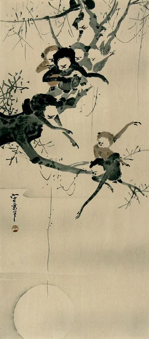 MORIKAGE, Kusumi (1620-1690): Monkeys in a Tree at full moon