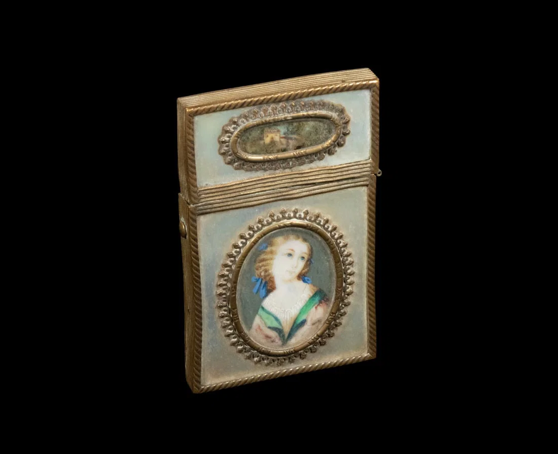 MOTHER-OF-PEARL & BRASS CARD CASE WITH PORTRAIT