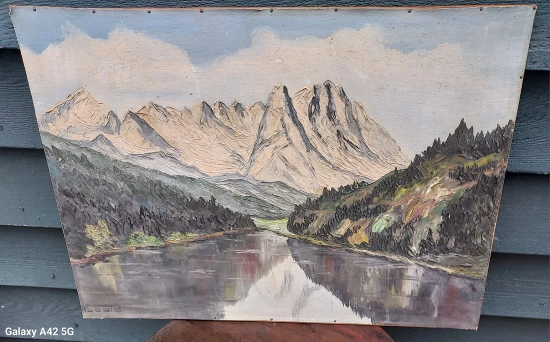 Mountain scene oil painting on Board 1920 signed great colors