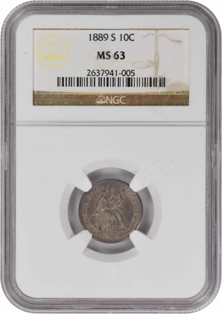 MS63 NGC Seated Liberty Dime 1889 San Francisco 90% Silver