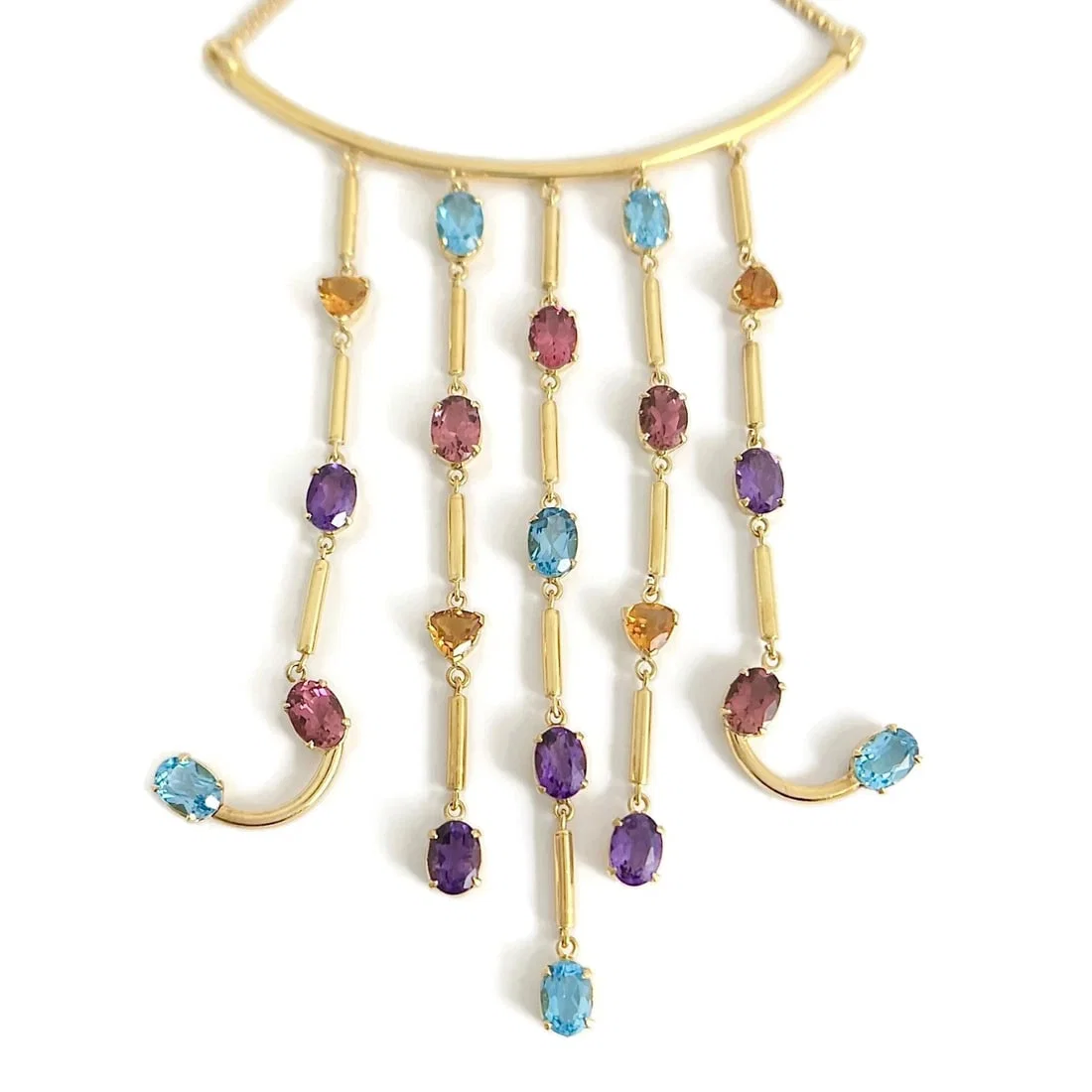 Multicolored Gemstone Dangle Fringe Chain Necklace 18K Yellow Gold 26.07 Grams