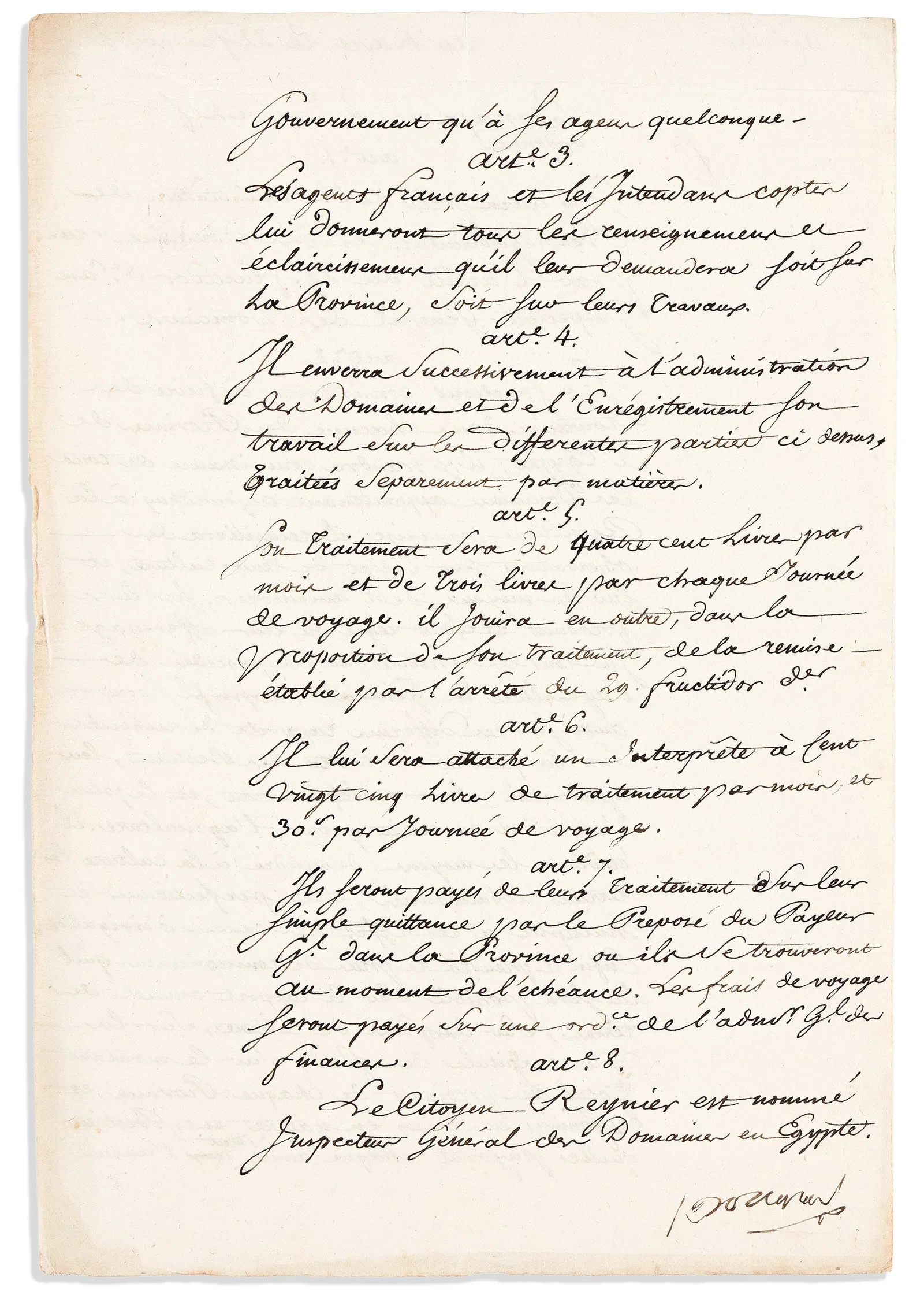Napoléon. Document Signed, "Bonaparte," appointing Jean Reynier Inspector General in Egypt