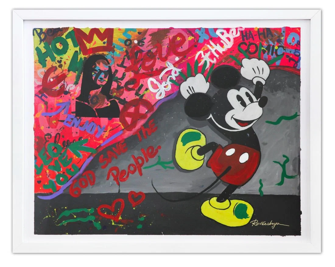 Nastya Rovenskaya- Original Mixed Media on Paper "mickey Is The Boss"