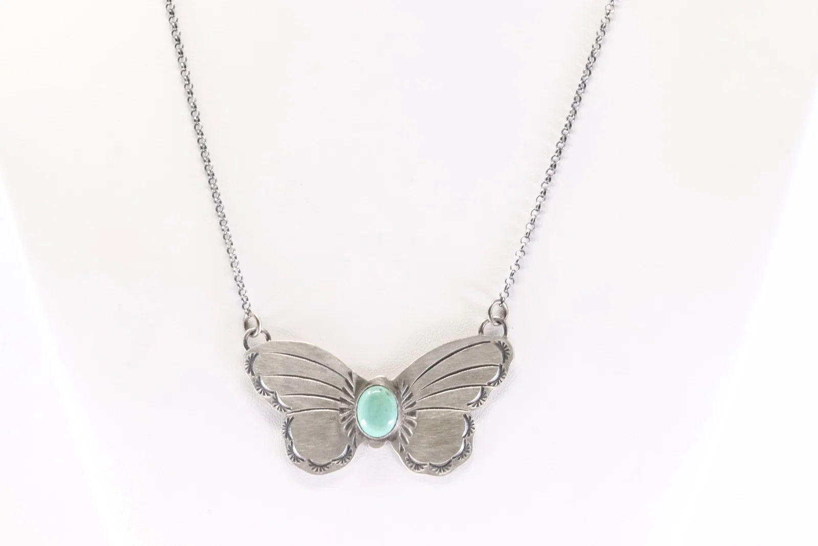 Native America Navajo Sterling Silver Kingman Turquoise Butterfly Necklace By Rick Enriquez.