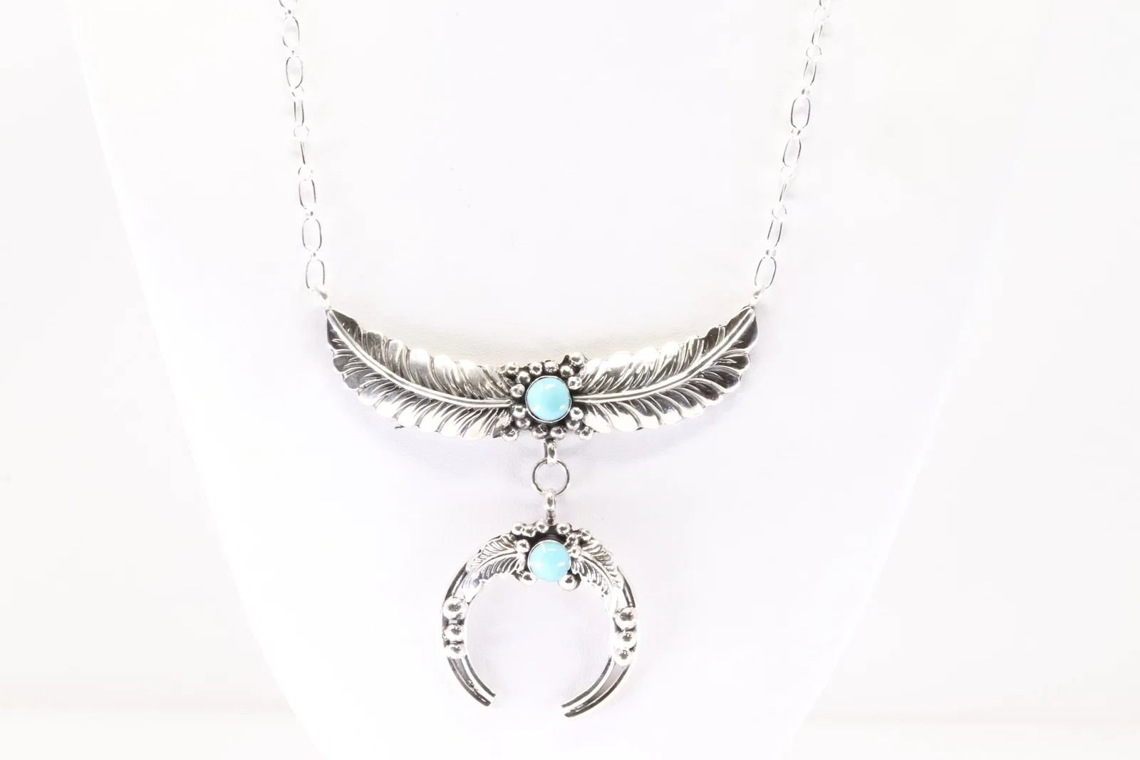 Native America Navajo Sterling Silver Turquoise Feather Necklace By Loretta Delgarito. From R.B