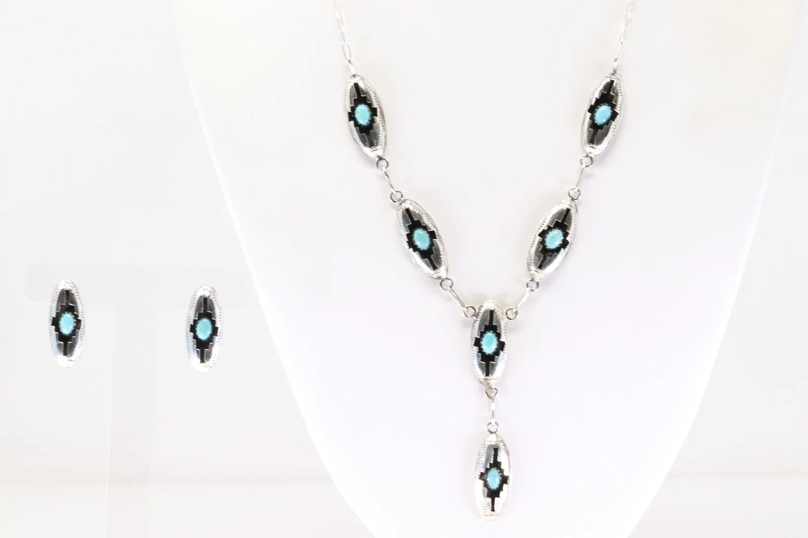 Native America Navajo Sterling Silver Turquoise Necklace & Earring's Set By Felix Perry. From C