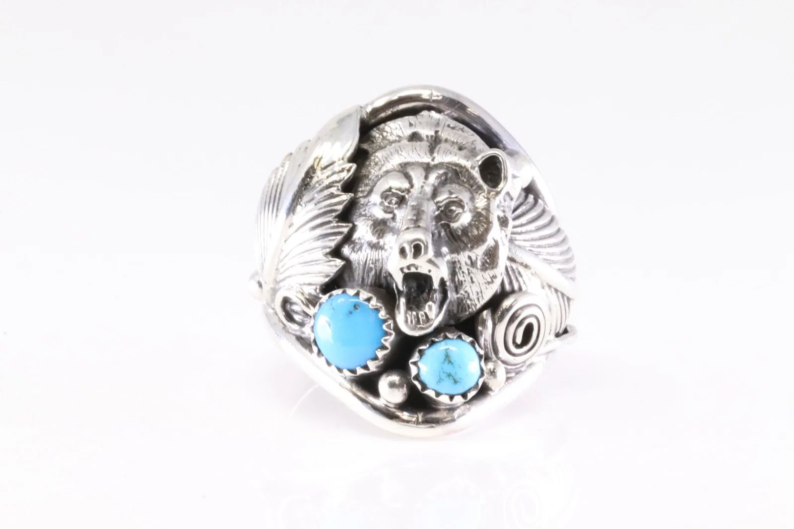 Native America Navajo Sterling Silver Turquoise Ring Bear Casted By Darrell Morgan.