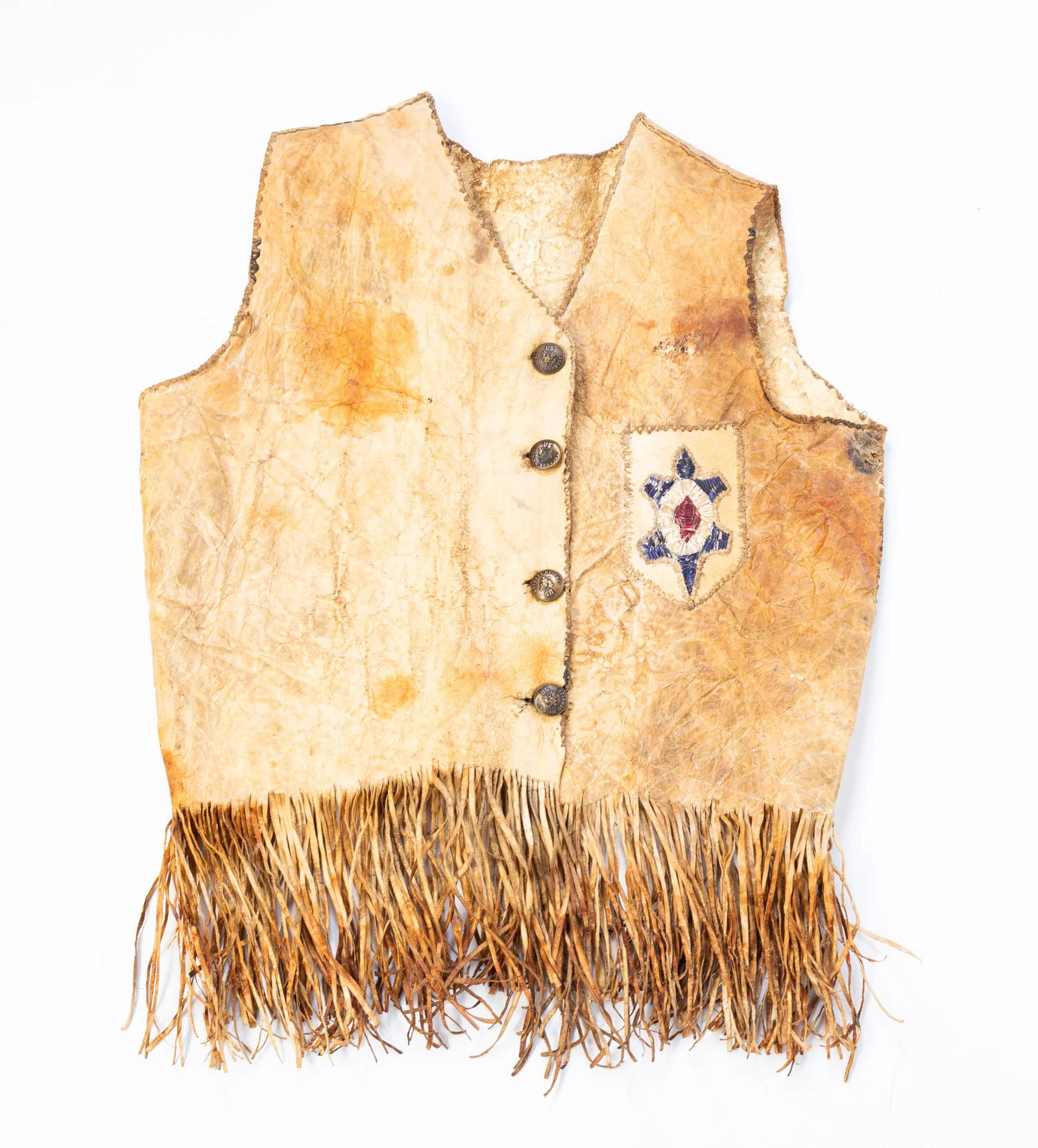 NATIVE AMERICAN HIDE VEST WITH FRINGE.