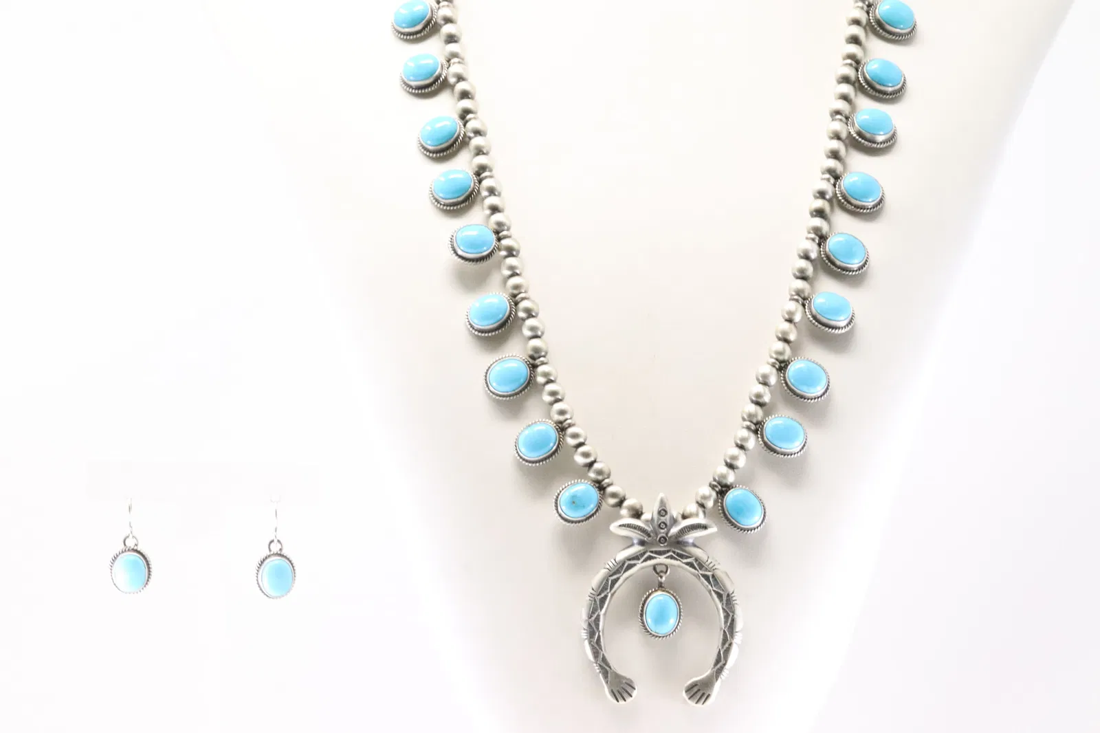 Native American Navajo Sterling Silver Turquoise Necklace & Earring's Set By T.