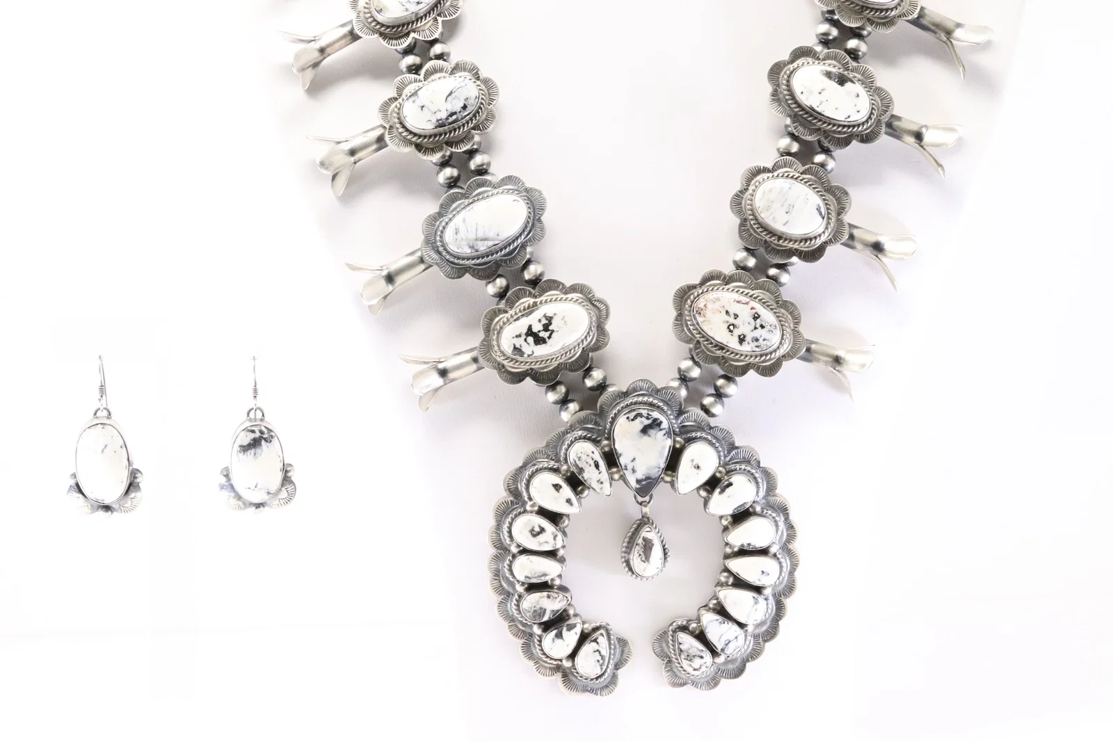 Native American Navajo Sterling Silver White Buffalo Squash Blossom Necklace & Earring's Set KEE-I.