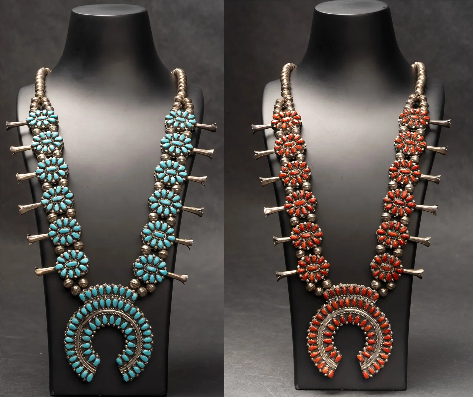 Native American Reversible Needlepoint Turquoise & Red Coral Squash Blossom Sterling Silver Necklace