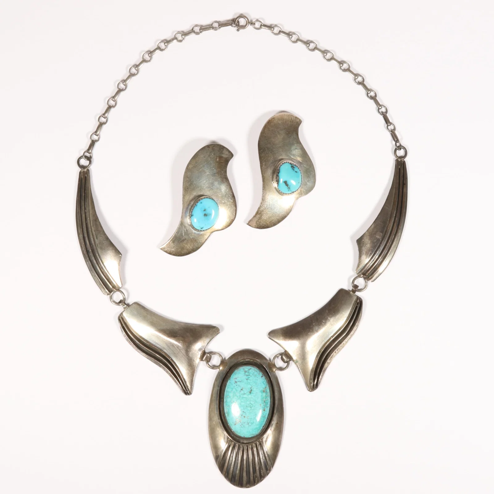 Native American sterling silver and turquoise 2pc group with necklace and earrings 18 1/2"L x 2