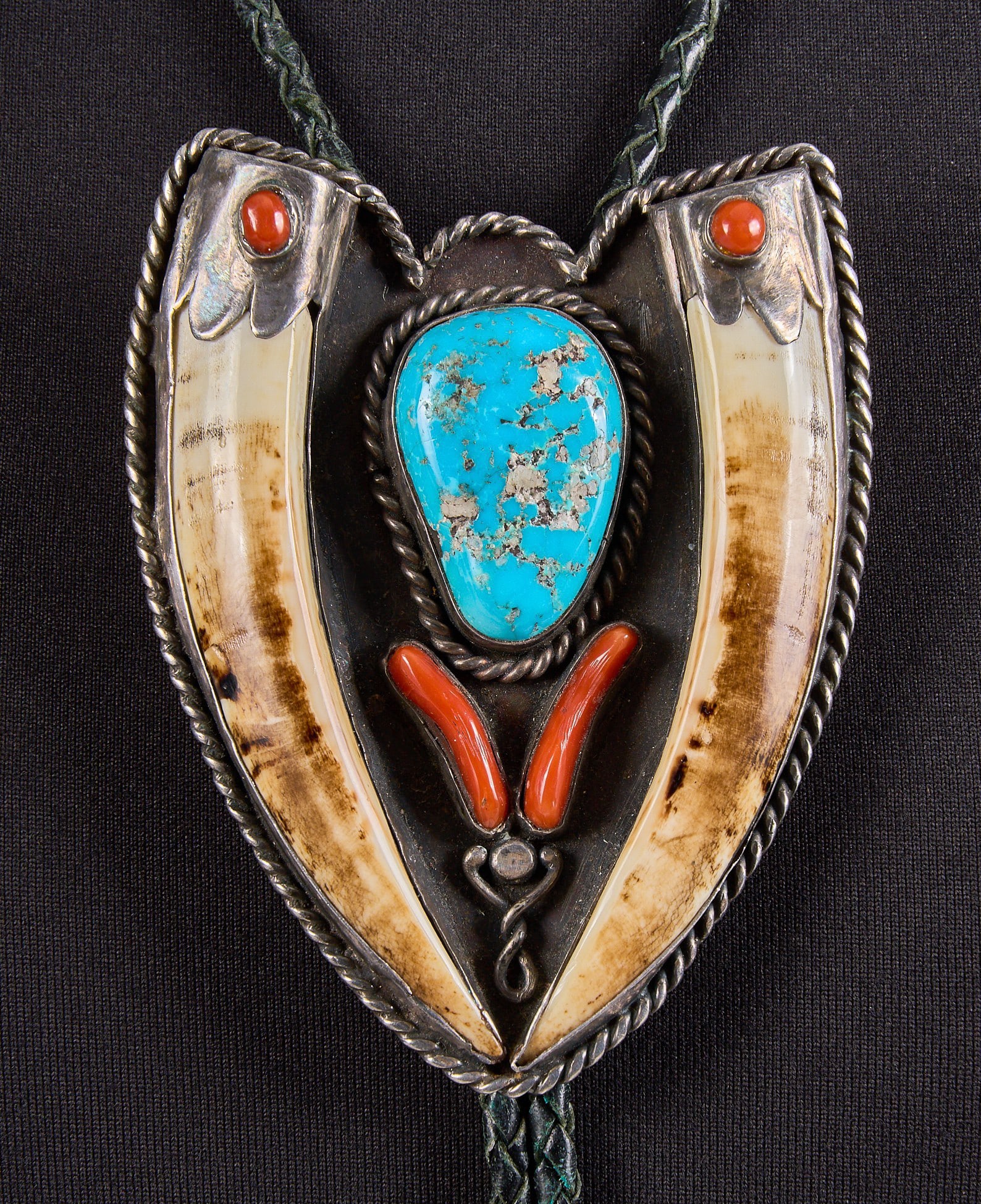 Native American Tusk, Turquoise, and Coral Bolo