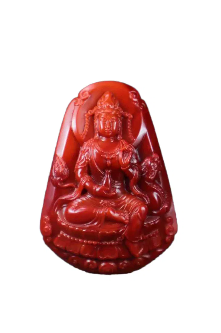 Natural Nanhong Agate Hand-Carved Figure Pendant w Kwan-yin