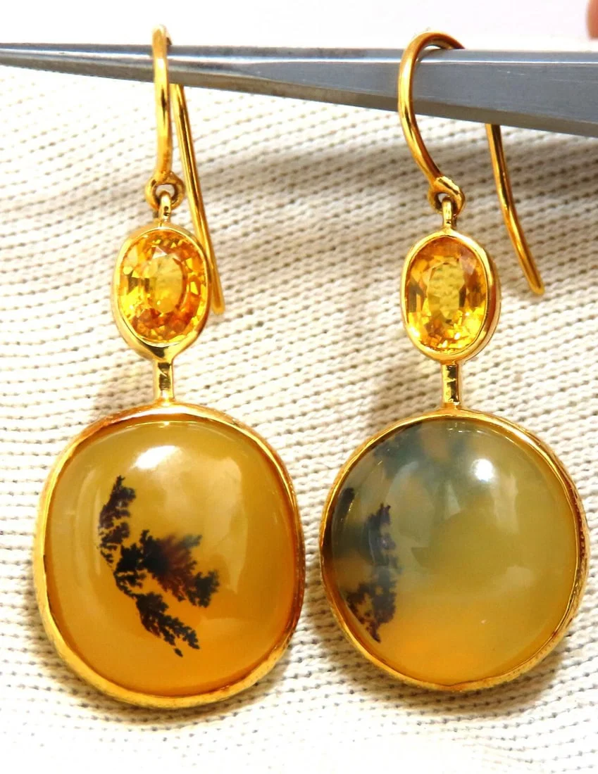 Natural Opal & Yellow Sapphire Dangle Earrings 18kt**