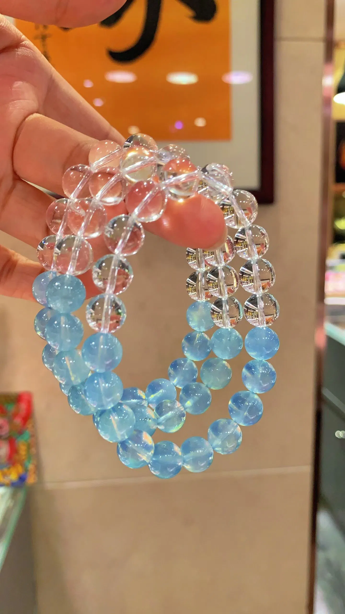 Natural white crystal and aquamarine bracelet 10mm