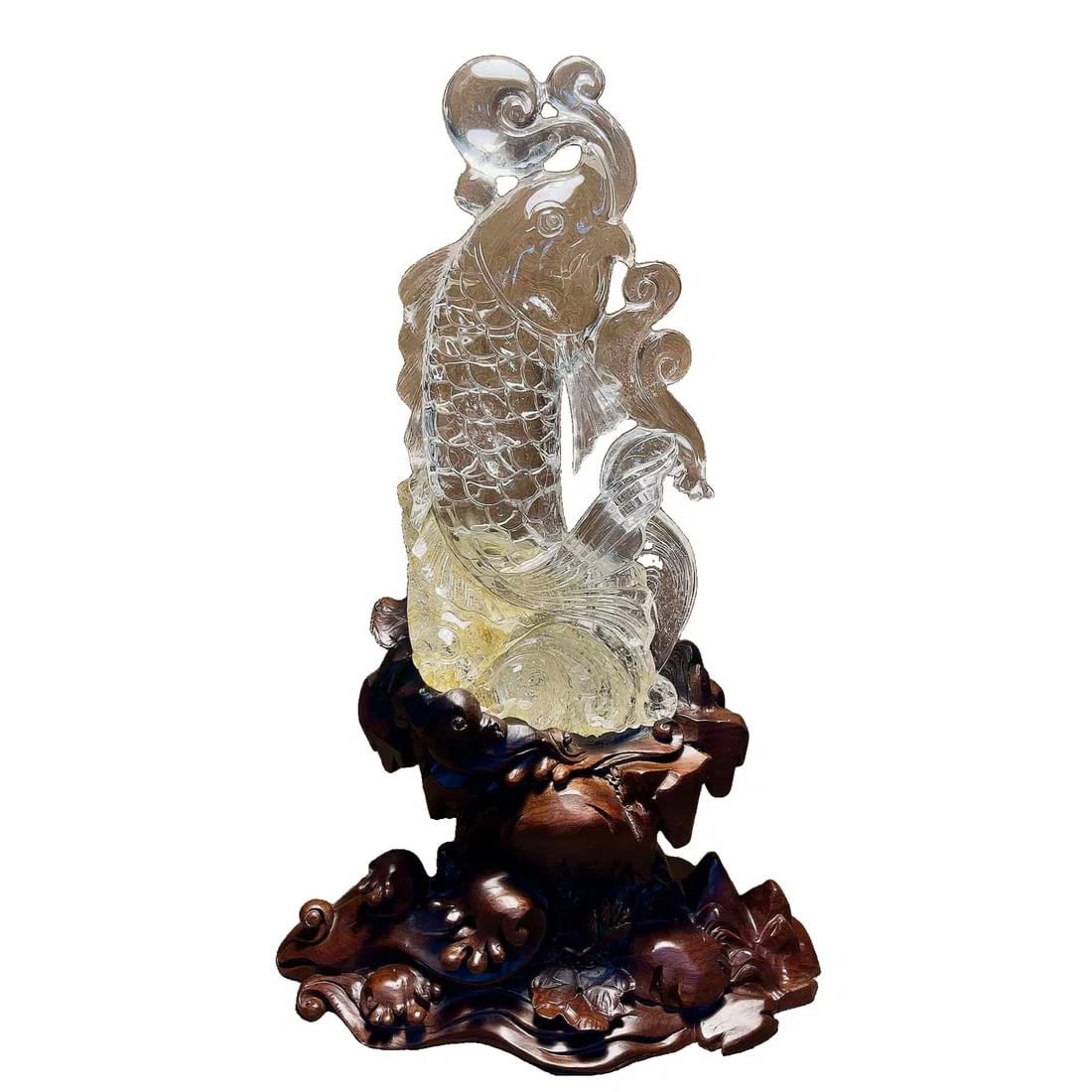 Natural yellow resin flower white crystal carp ornament