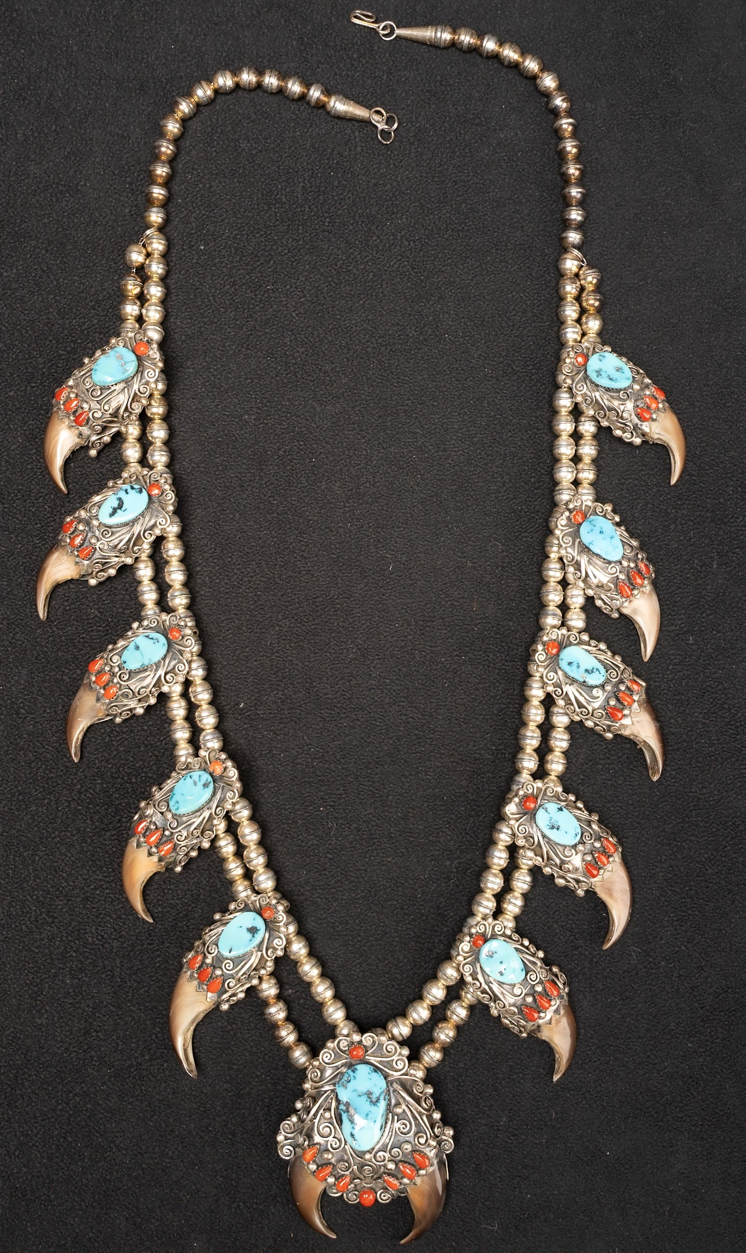 Navajo Bear Claw Turquoise & Red Coral Squash Blossom Sterling Silver Necklace