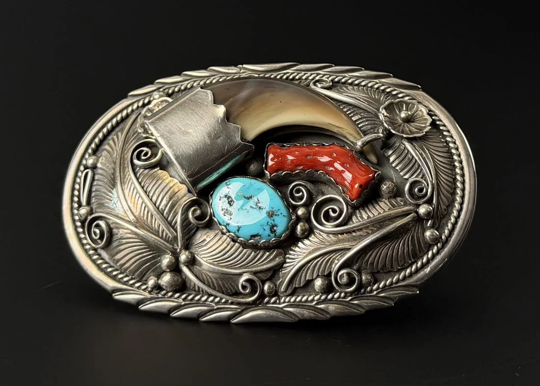 Navajo Indian Sterling Bear Claw Belt Buckle
