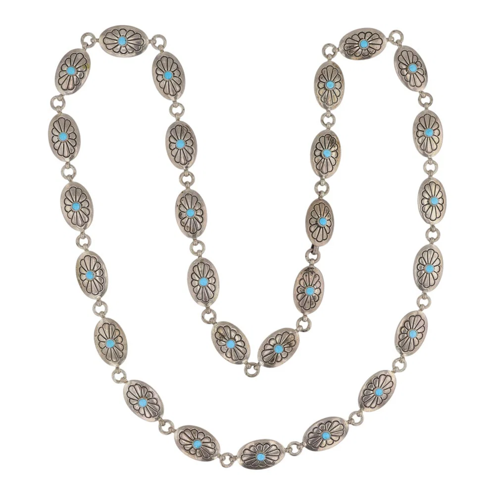 Navajo Kingman Turquoise Stamp Work Link Concho Belt / Long Necklace