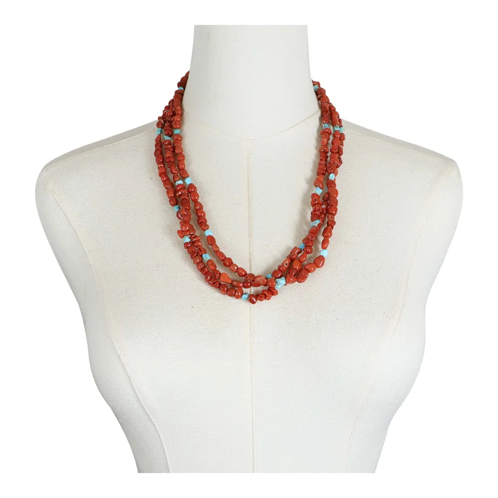 Navajo Mediterranean Coral & Turquoise Three Strand Necklace