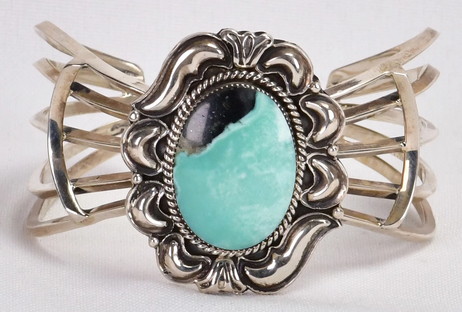 Navajo, Sterling Silver Nevada Turquoise Cuff w/Ornate Frame