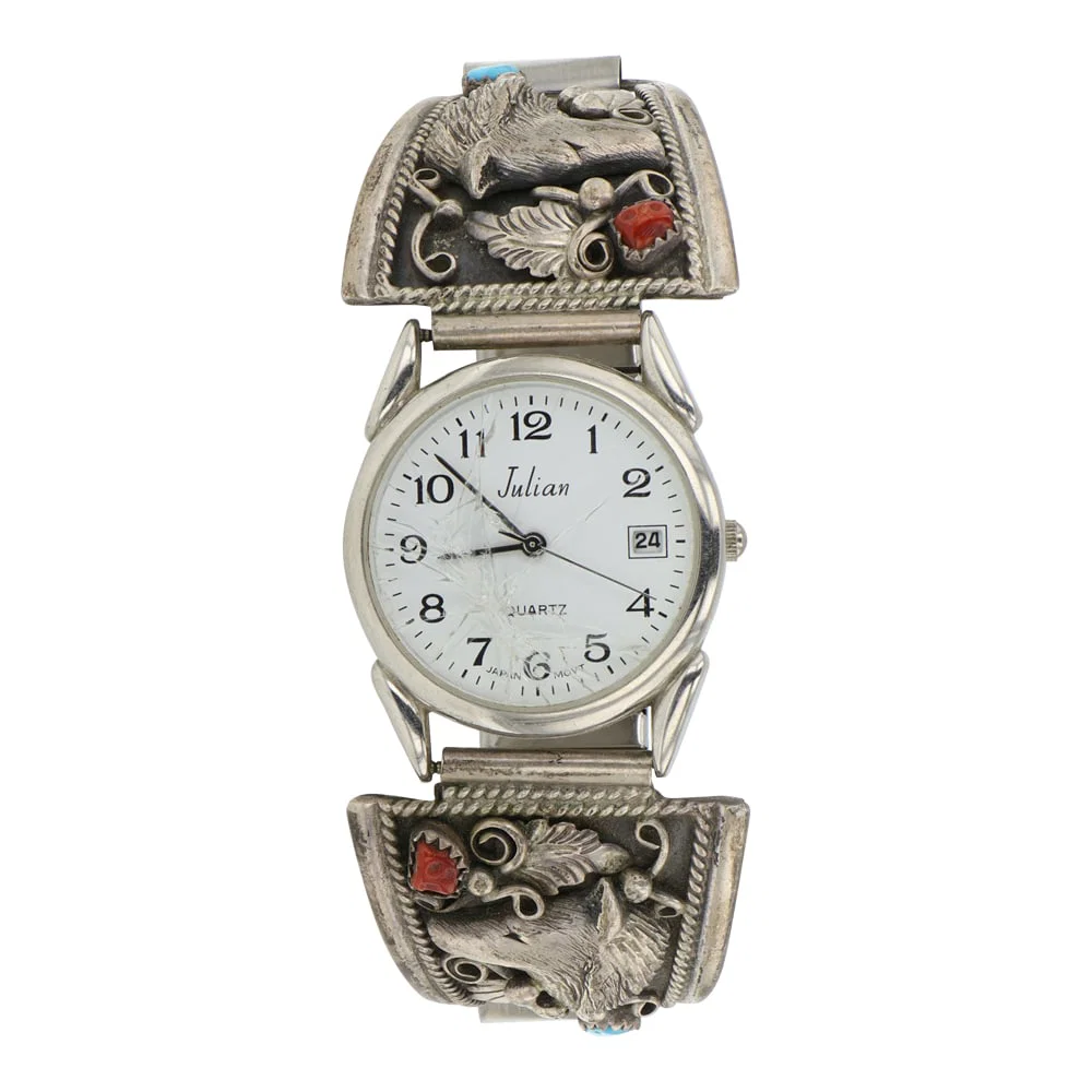 Navajo Turquoise & Coral Wolf Watch Bracelet