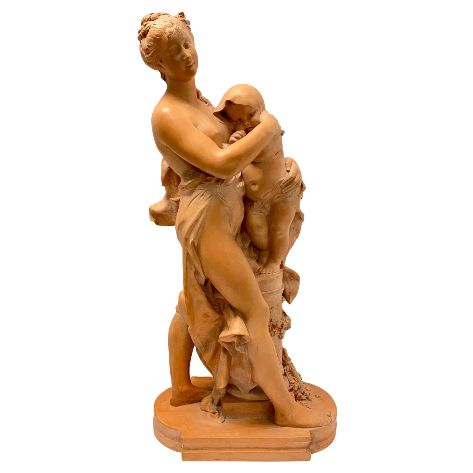 Neoclassical French Terracotta Mother and Child Sculpture Signed Rougelet