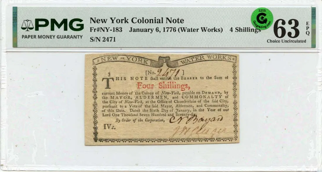 New York Colonial 4 Shillings Note Dated January 6 1776 PMG CU63