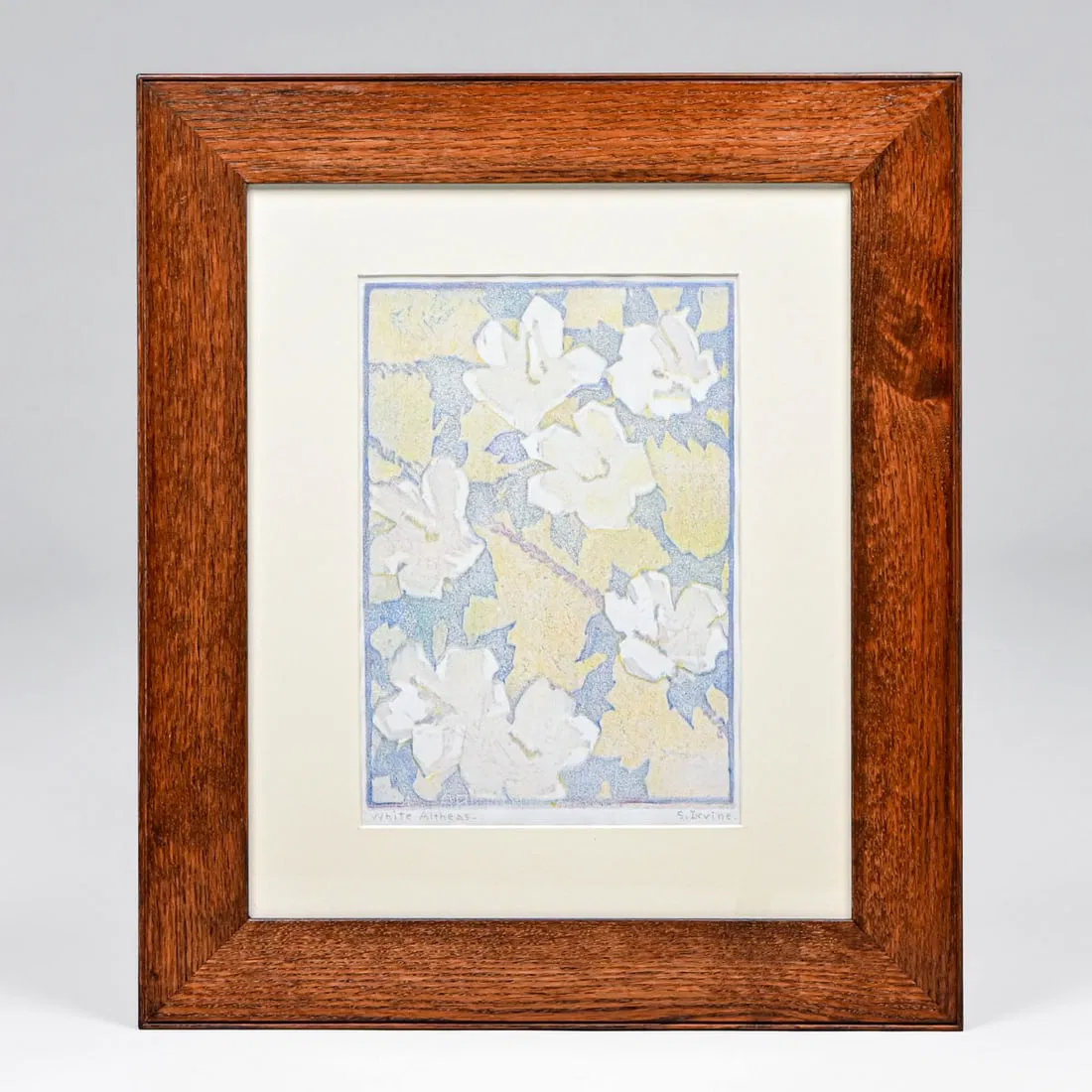 Newcomb College Sadie Irvine (1887-1970) Color Woodcut "White Altheas" c1920s