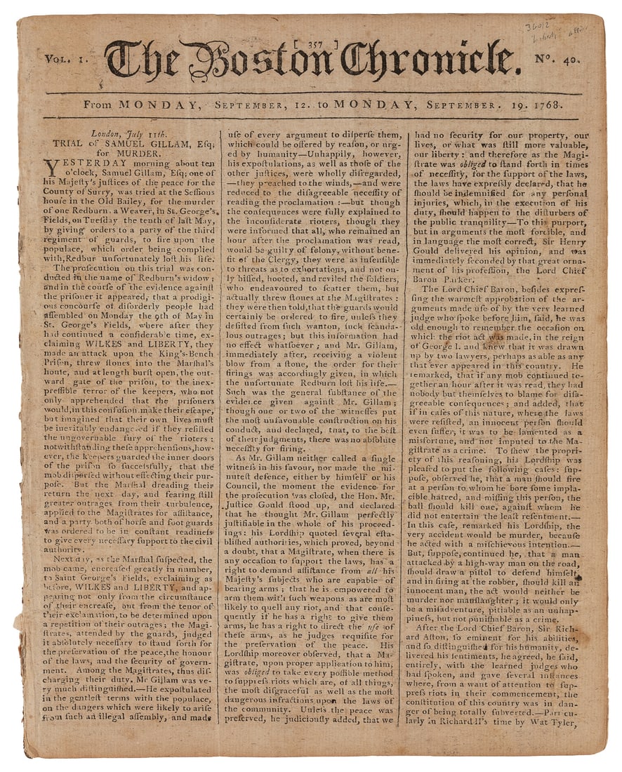 [NEWSPAPERS]. ["LIBERTY AFFAIR" AND MENTION OF JOHN HANCOCK AND SAMUEL ADAMS]. The Boston Chronicle.