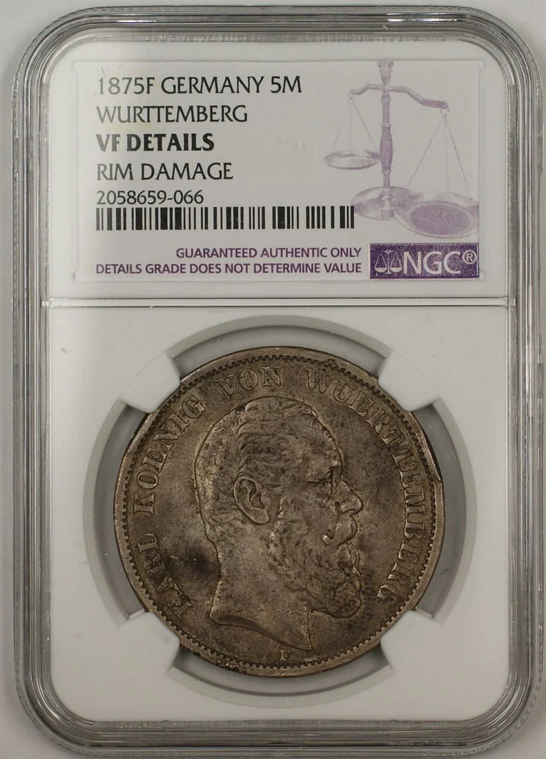 NGC Certified 1875F Wurttemberg 5 Mark Silver Germany Coin VF Details Rim Damage