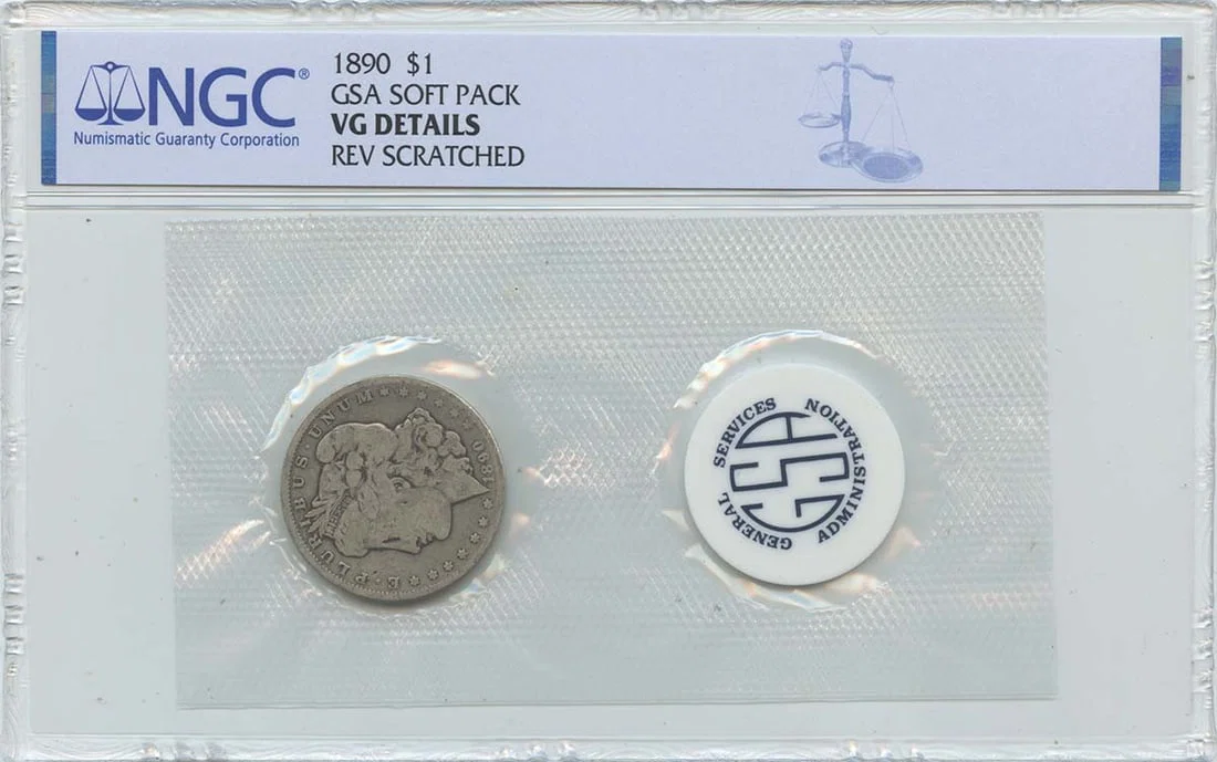 NGC Certified 1890 Morgan Silver Dollar in GSA Soft Pack