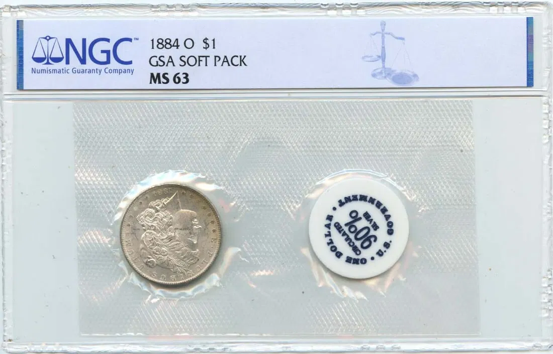 NGC MS63 1884 O Morgan Dollar in GSA Soft Pack
