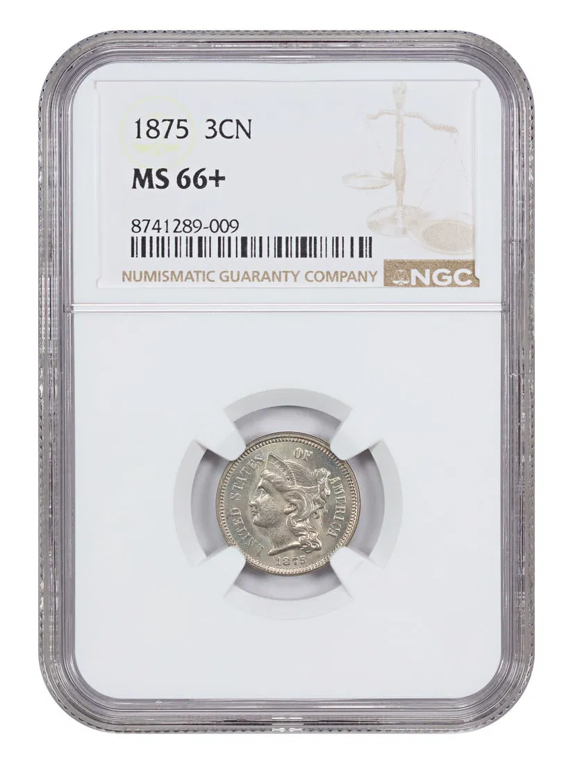 NGC MS66 Plus 1875 Three Cent Nickel Coin Philadelphia Mint
