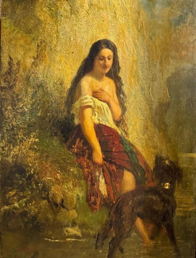 Nicolaos Gyzis (1842-1901) Oil on wood attributed to Nicolaus Gyzis Woman with dog at the lake.