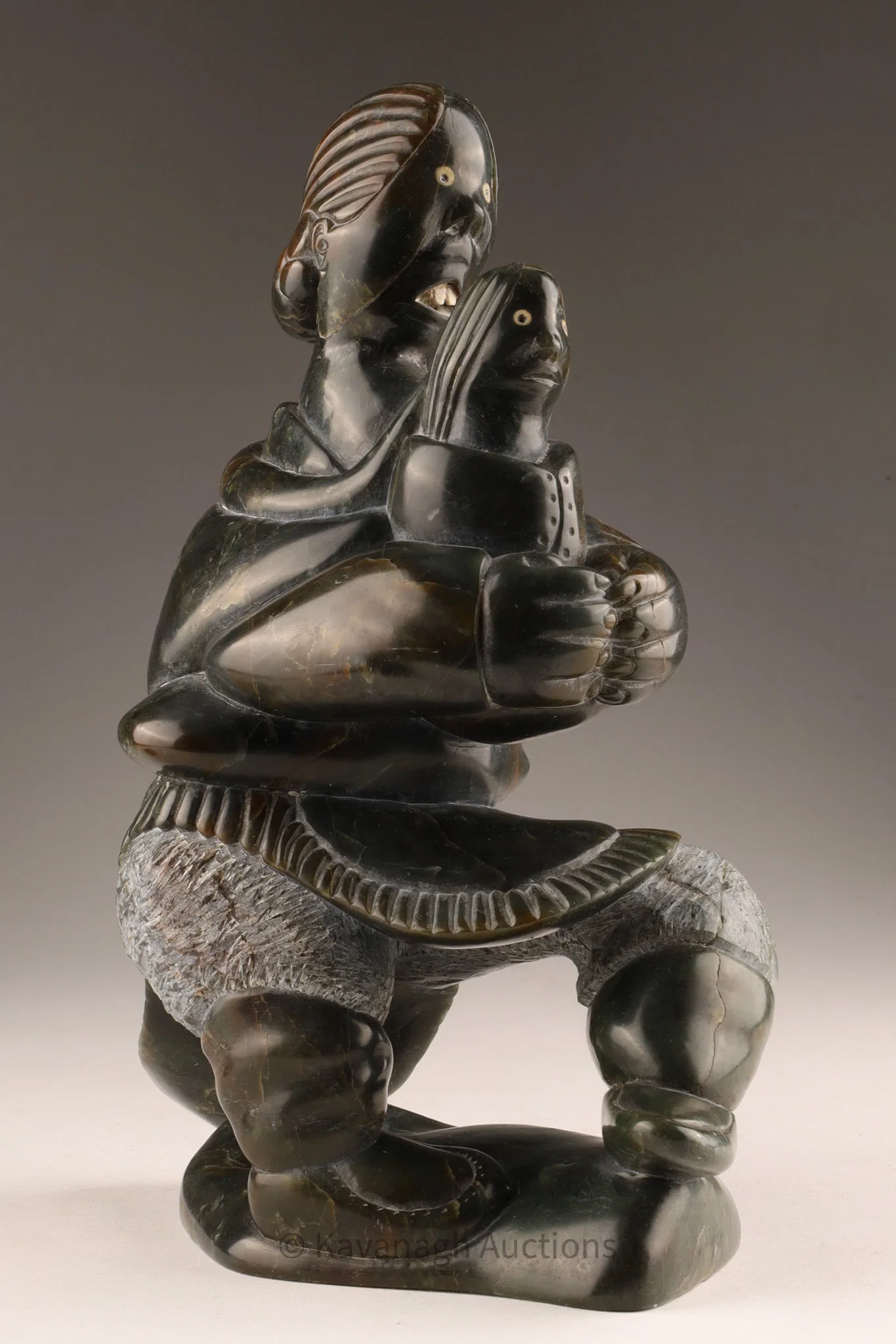 Noah Echalook (Inuit, b. 1946) Soapstone Mother and Child Sculpture, Inlaid Eyes, Signed