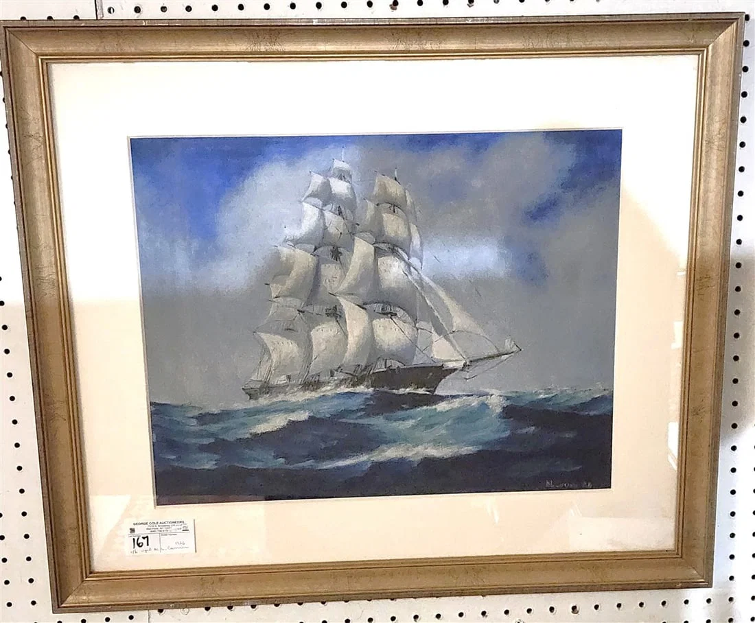 O/B Seascape With Masted Ship Sgnd N.L. Currier 1926 15 1/4" X 119 1/4" w/Frame 24" X 28"