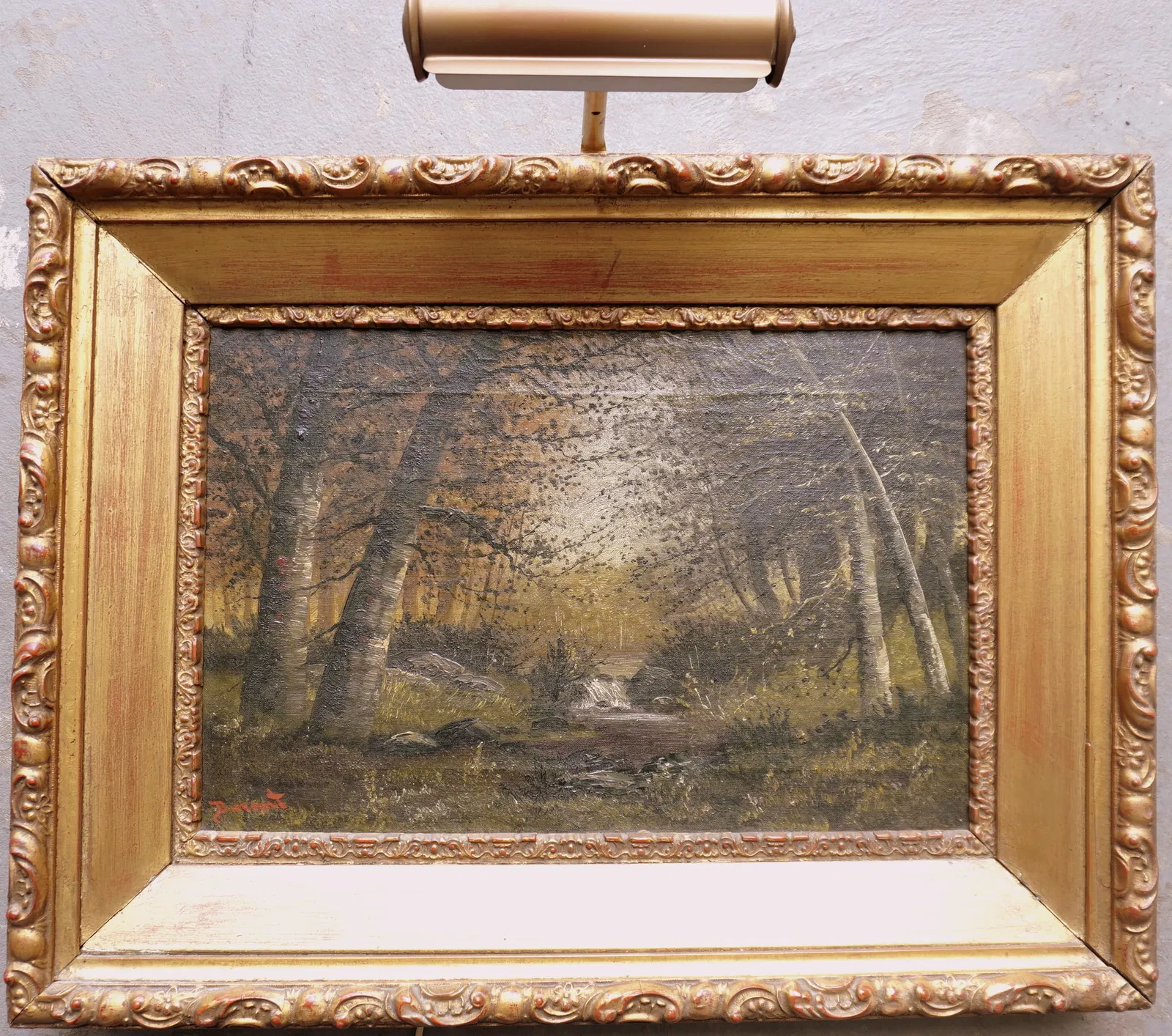 O/C Landscape stream with small waterfall meandering through forest, signed "Durant", Jacques Durant