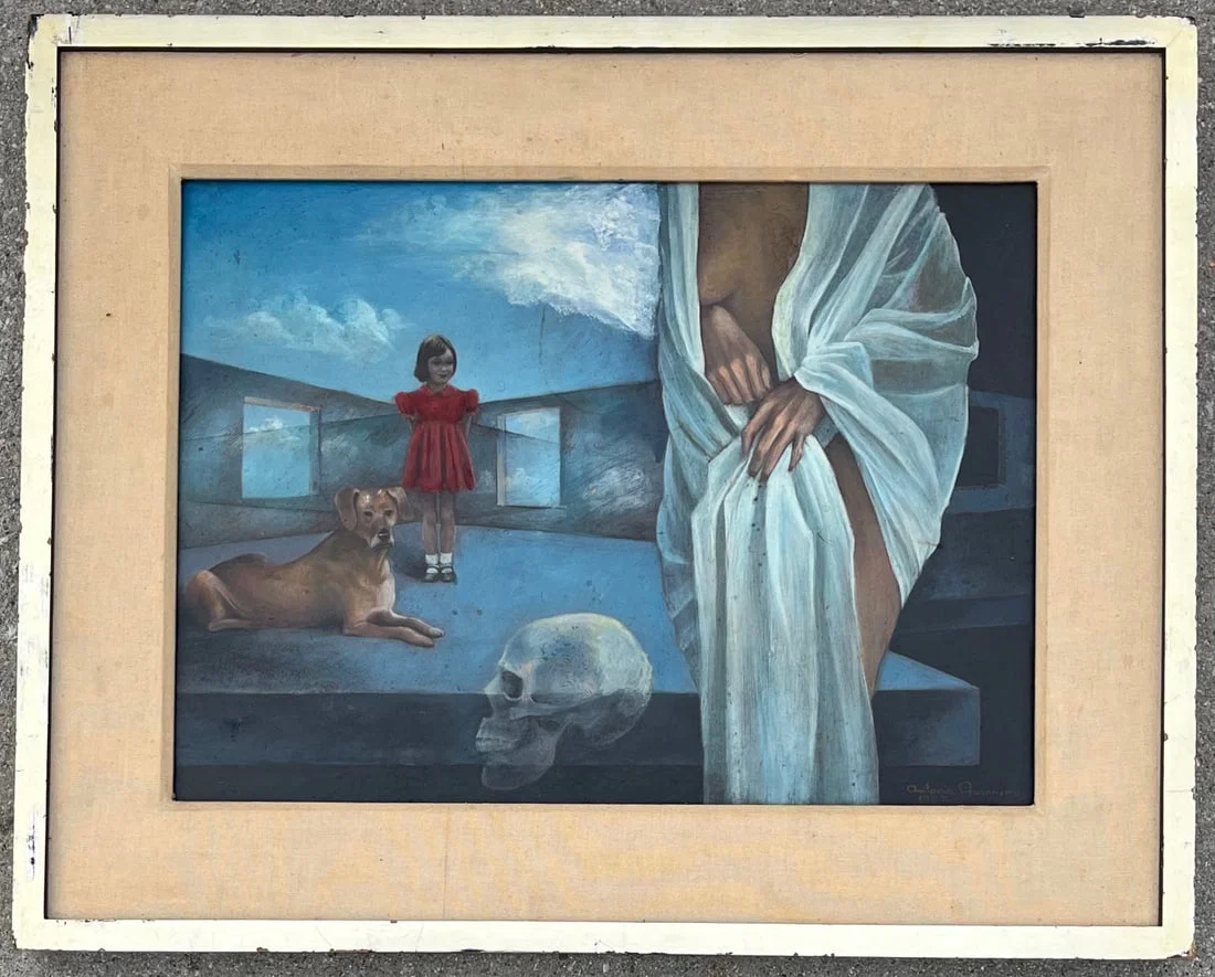Oil on Canvas Surreal Interior with Child, Dog & Skull – Signed Antonia Juannyro? Dated 1987