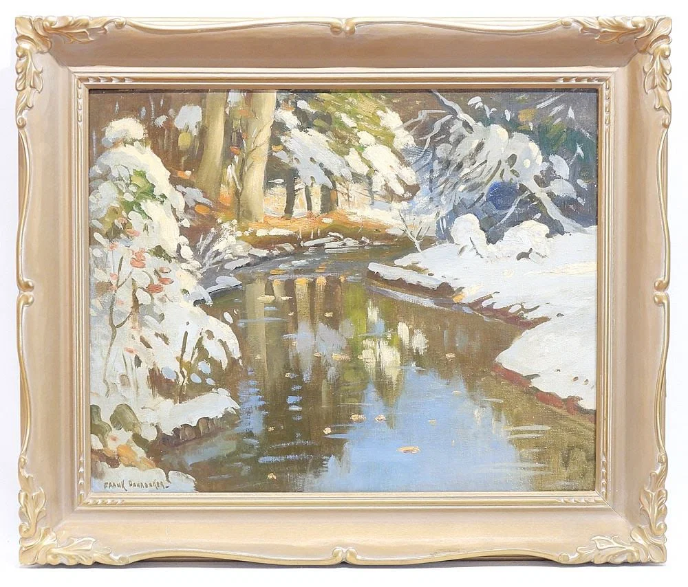 Oil on Masonite signed Frank Panabaker, 15 3/4 x 20" "River In Winter".