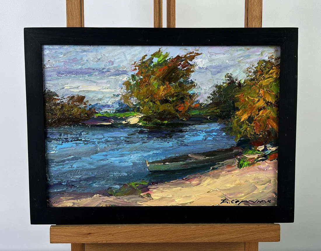 Oil painting A boat on the river bank Boris Serdyuk