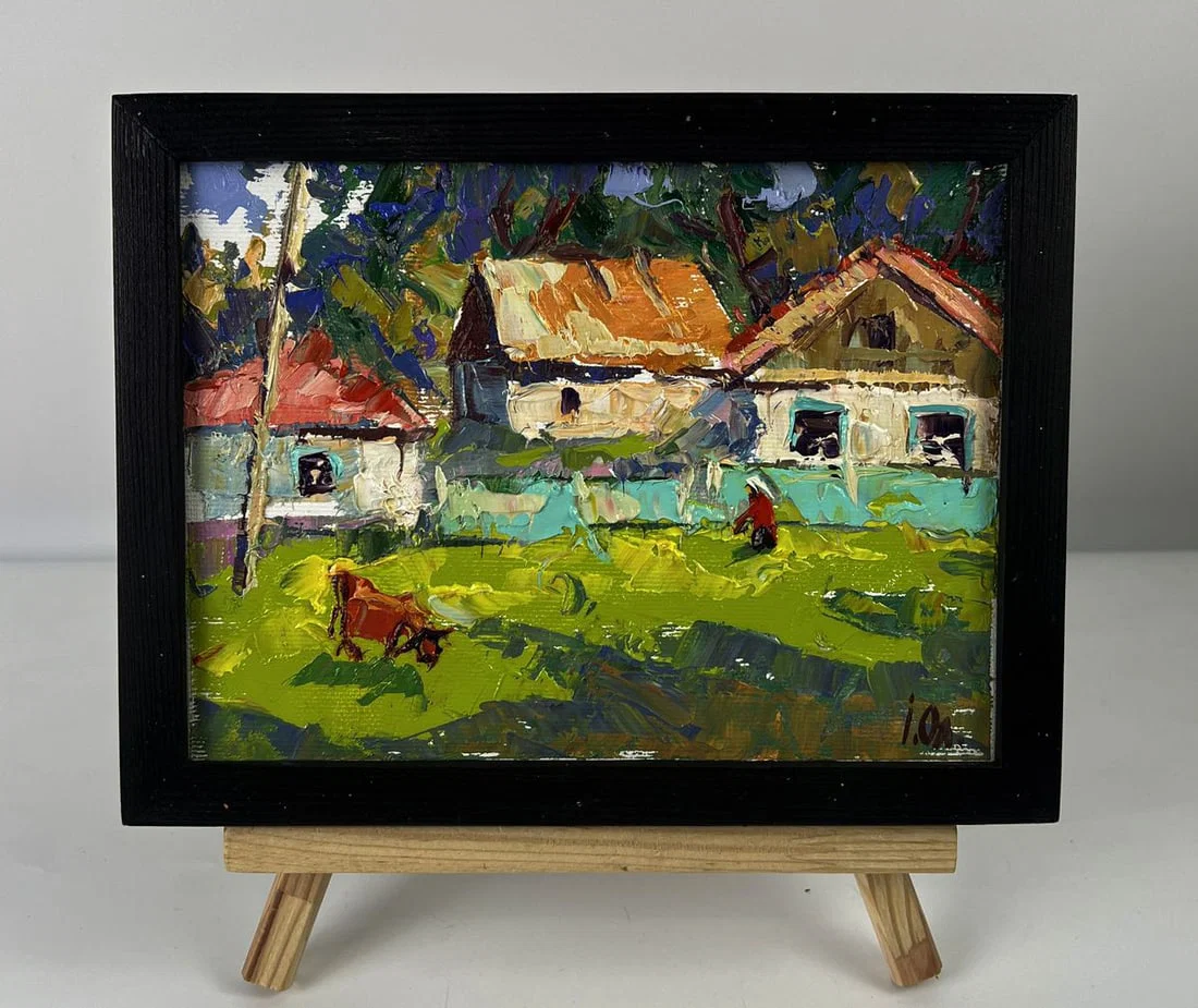 Oil painting A cow is walking around the village Oleksiy Ivanyuk