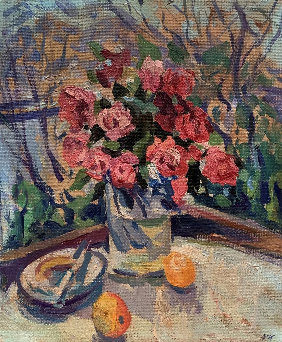 Oil painting A gift of red roses Unknown artist