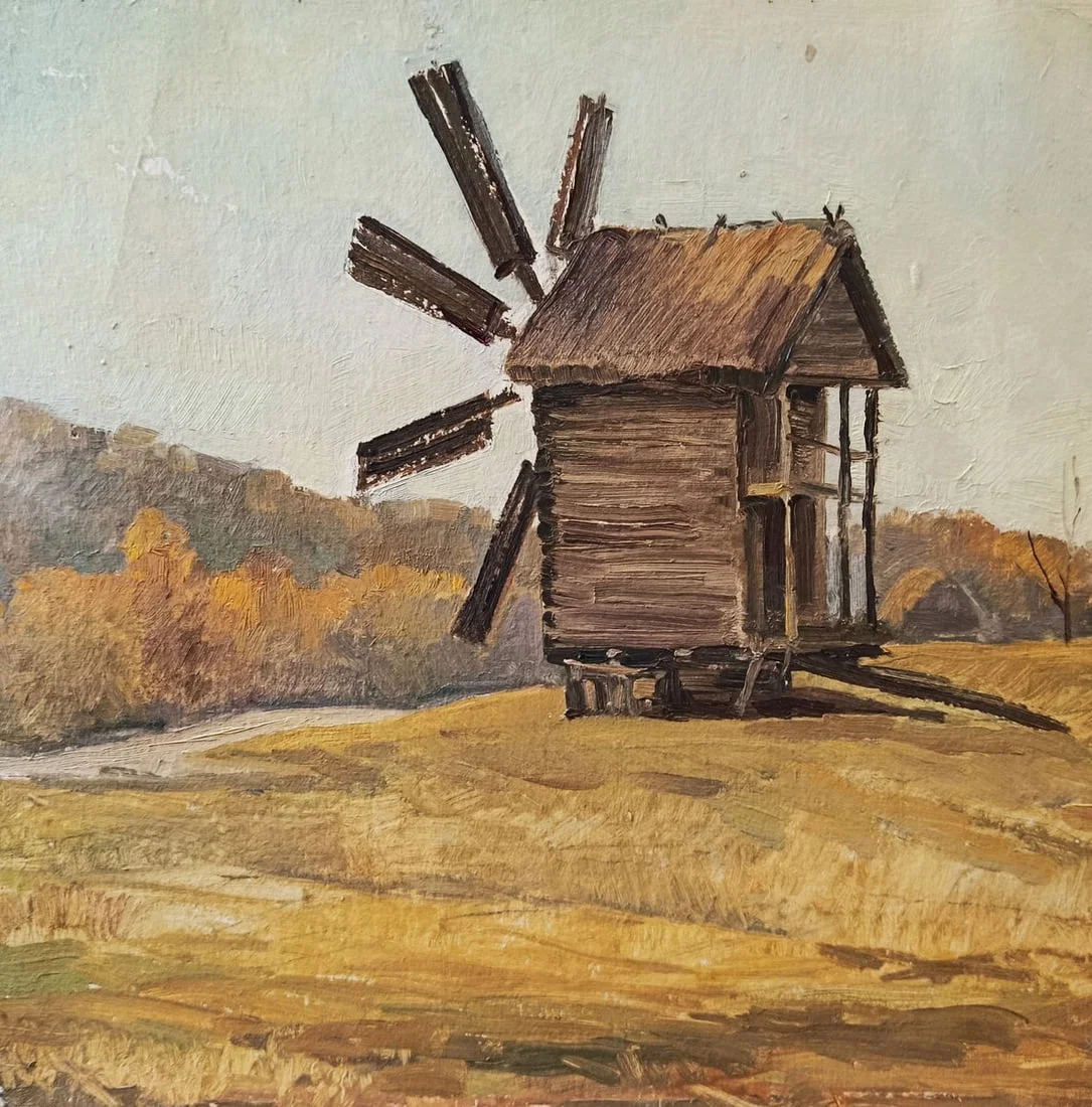 Oil painting A mill in an autumn field Unknown artist