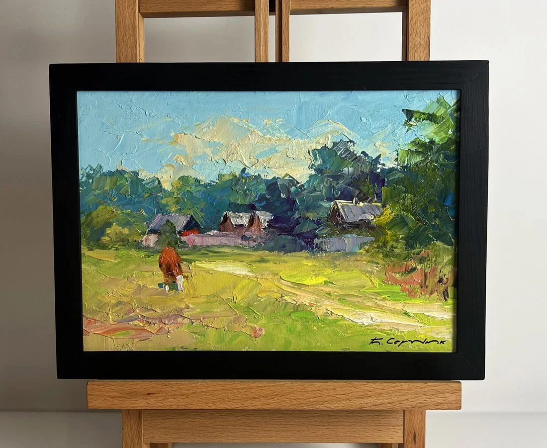 Oil painting A red cow near the houses Boris Serdyuk