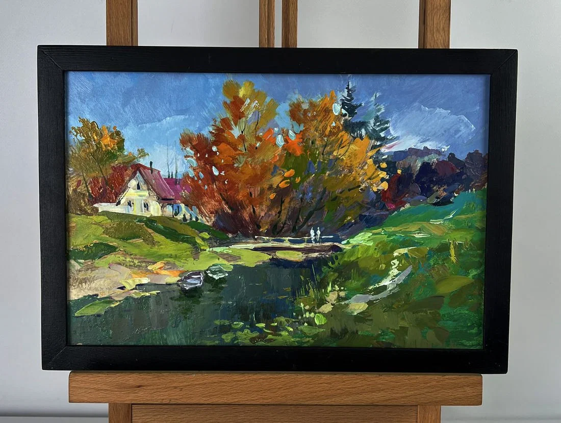 Oil painting A village river with boats Yuriy Suprunchuk